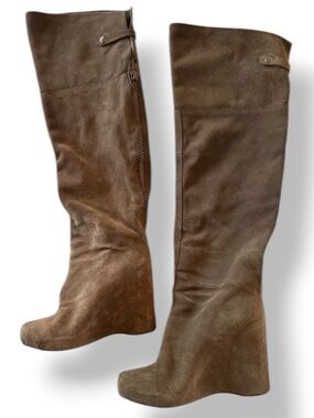 STEVE MADDEN Parralel Suede Leather Taupe Brown Over the Knee Wedge Boots